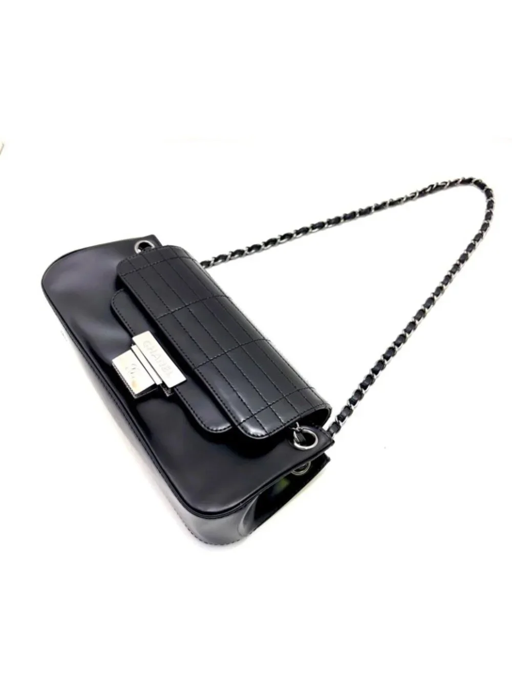 Chanel Choco Bar Chain Shoulder Black Silver Calfskin Bag